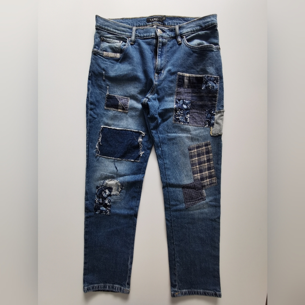 Lauren Ralph Lauren Relaxed Taper Comfort Stretch Patchwork Blue Jeans